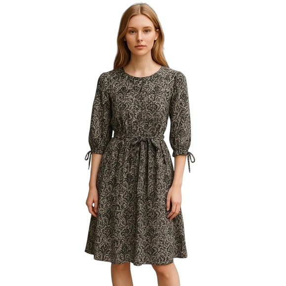 Banjanan Black White Paisley Cotton Fit & Flare Boho Midi Dress Medium Preowned - Picture 1 of 10